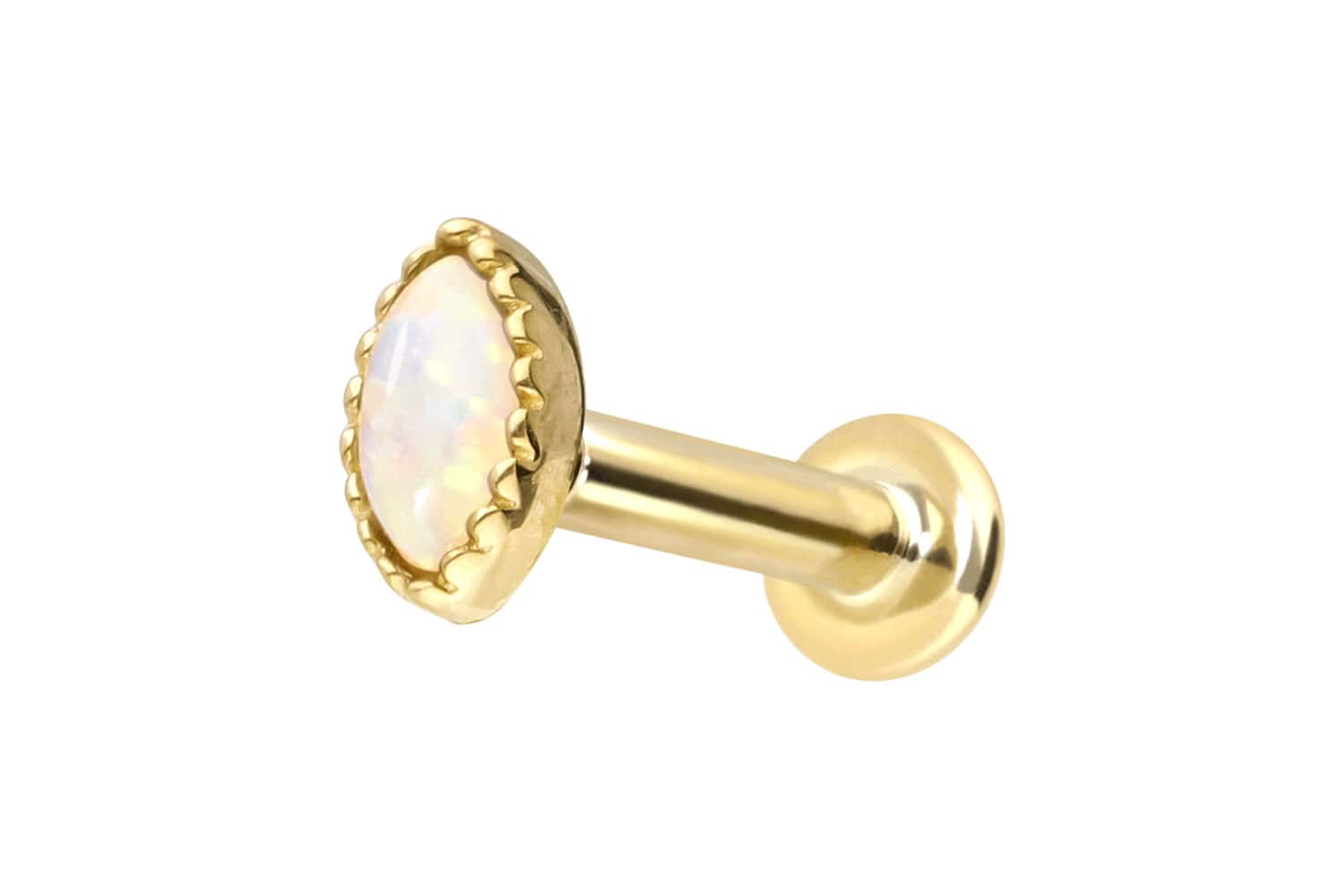 14 Karat Gold Labret Piercing mit Innengewinde OVALER SYNTHETISCHER OPAL